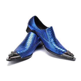 Christia Bella Blue Men Genuine Leather Shoes Metal Pointed Toe Party Club Dress Shoes Fashion Business Man Shoes Big Size