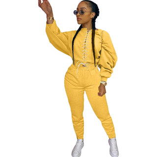 Winter Women Clothing Solid Color Bandage Cotton Outfit Tracksuit Sweatsuit Two Piece Jogger Set