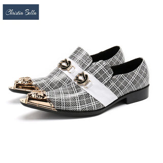 Fashion Gingham Pattern Men Genuine Leather Shoes Business Office Metal Pointed Toe Formal Shoes Wedding Nightclubs Dress Shoes