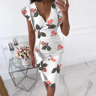 New In Women Floral Print Midi Dress Plus Size Ruffles Sleeve V-neck Slim Vintage Dresses Elegant Bodycon Party Dress Vestidos