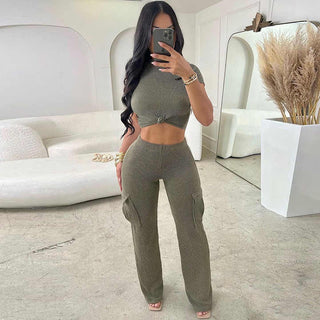 Two Piece Set Women Clothing New High Elasticity Sexy Crop Top   Fashion Casual Pocket Slim Fit Pants Set for Women