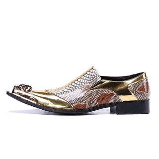 Handmade Pointed Toe Metal Tip Genuine Leather Men Dress Shoes Snakeskin Evening Party Wedding Shoes Hairdress Sexy Gold Oxfords