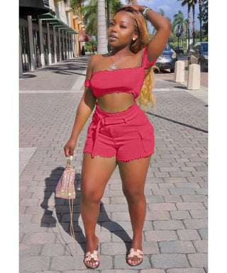 Summer Two piece Set Women's wear Crop Tops With Shorts Belt Ladies clothes Outfit Clubwear Outfits