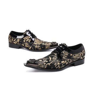 Golden Printing Lace Up Men Cow Leather Shoes Men Large Size Business Banquet Slip on Shoes Pointed Toe Formal Party Dress Shoes