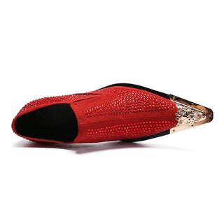 Designer Red Black Rhinestone Party Men Shoes Metal Pointed Toe Wedding Dress Shoes Large Size Male Real Leather Business Shoes