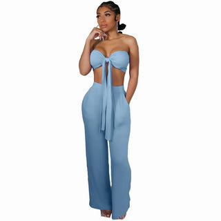 New Fashion summer women clothing tie bra strapless crop top and wed leg long pants two piece sets