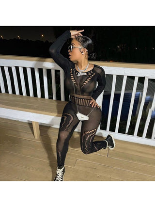 Hollow Out Perspective Fitted Jumpsuits - Thomas Family Essentials LLC