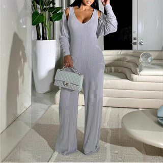 Women Casual Sexy Jumpsuit and Coat Two-Piece Set