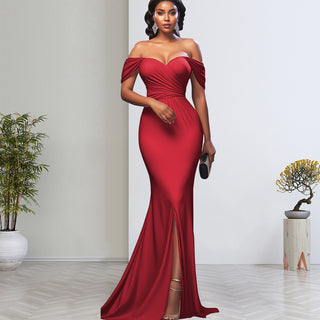 Women Sexy Solid Off-shoulder Evening Dress