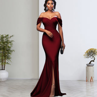 Women Sexy Solid Off-shoulder Evening Dress