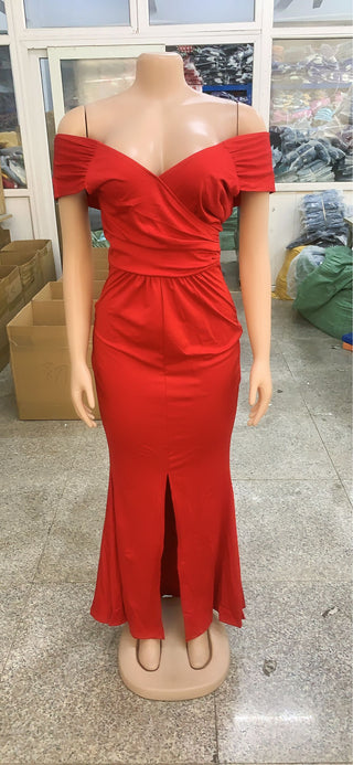 Women Sexy Solid Off-shoulder Evening Dress