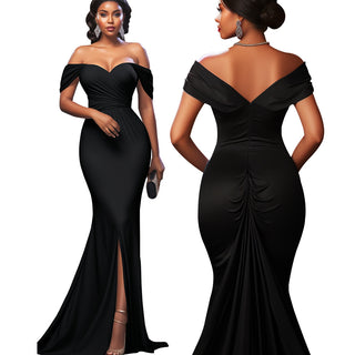 Women Sexy Solid Off-shoulder Evening Dress
