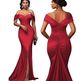 Women Sexy Solid Off-shoulder Evening Dress