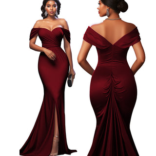 Women Sexy Solid Off-shoulder Evening Dress