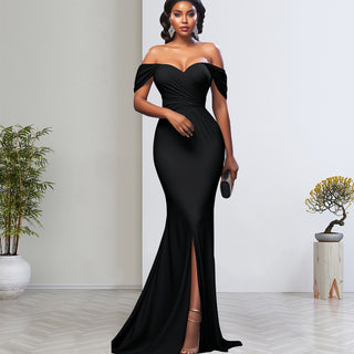Women Sexy Solid Off-shoulder Evening Dress