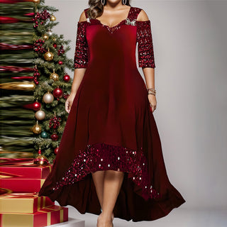 Plus Size Women Autumn Solid Sequins Maxi Dress