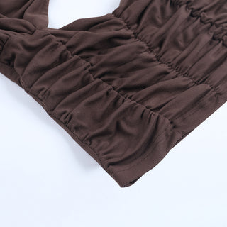 Women Autumn Ruched Metal Ring Halter Neck Strap Top