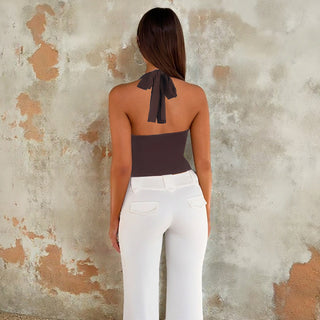 Women Autumn Ruched Metal Ring Halter Neck Strap Top