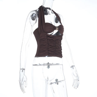 Women Autumn Ruched Metal Ring Halter Neck Strap Top