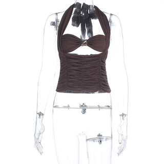 Women Autumn Ruched Metal Ring Halter Neck Strap Top