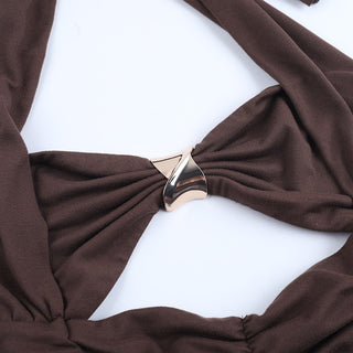 Women Autumn Ruched Metal Ring Halter Neck Strap Top