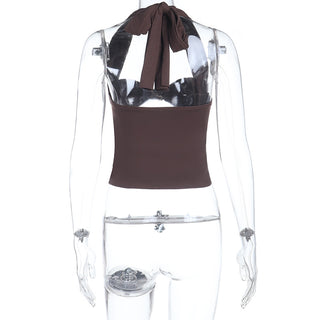 Women Autumn Ruched Metal Ring Halter Neck Strap Top