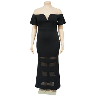 Sexy See-Through Fashion V Neck Short Flare Sleeves Plus Size Maxi Dress