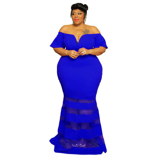 Sexy See-Through Fashion V Neck Short Flare Sleeves Plus Size Maxi Dress