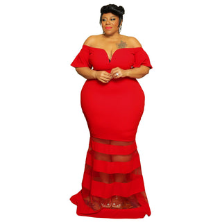 Sexy See-Through Fashion V Neck Short Flare Sleeves Plus Size Maxi Dress