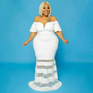 Sexy See-Through Fashion V Neck Short Flare Sleeves Plus Size Maxi Dress