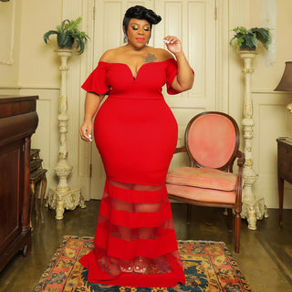 Sexy See-Through Fashion V Neck Short Flare Sleeves Plus Size Maxi Dress