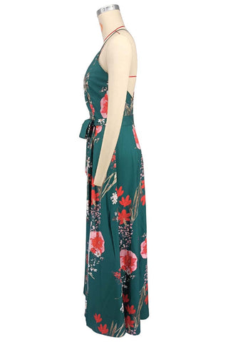 Women V Neck Suspender Printed Backless Slit Casual Holidays Beach Maxi Dress