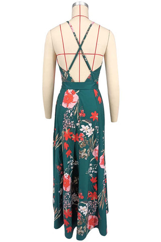 Women V Neck Suspender Printed Backless Slit Casual Holidays Beach Maxi Dress