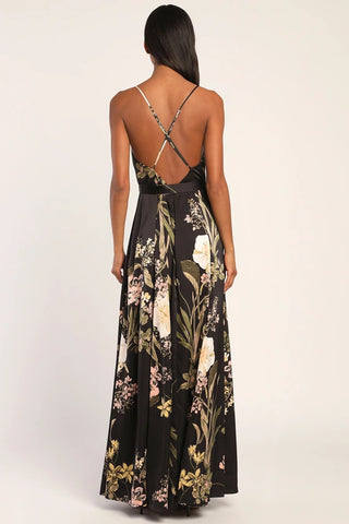 Women V Neck Suspender Printed Backless Slit Casual Holidays Beach Maxi Dress