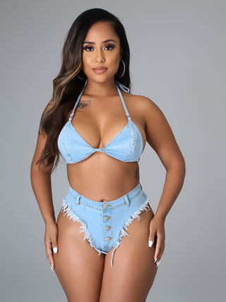 Tie Wrap Denim Sexy Backless Bikini Sets Summer