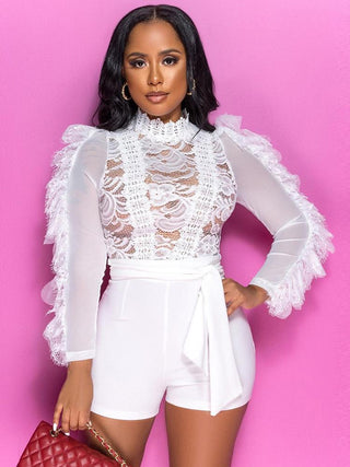 Sexy See Through Patchwork Long Sleeve Short Rompers