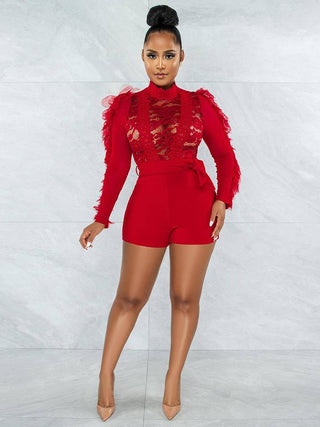 Sexy See Through Patchwork Long Sleeve Short Rompers