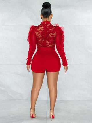 Sexy See Through Patchwork Long Sleeve Short Rompers