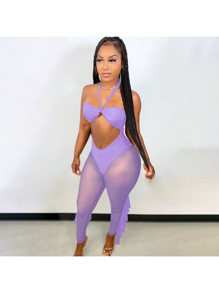 Sexy Solid Color Halter See Through Jumpsuit