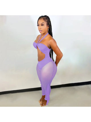 Sexy Solid Color Halter See Through Jumpsuit