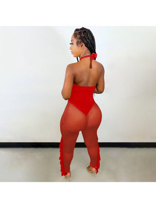 Sexy Solid Color Halter See Through Jumpsuit