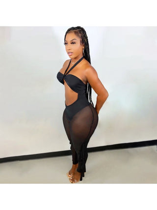 Sexy Solid Color Halter See Through Jumpsuit