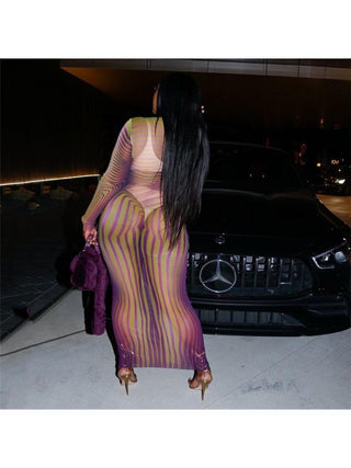 Women Striped   See Through Long Sleeve Maxi Dress