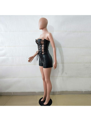 Solid Bandage Sexy Slim Strapless Leather Rompers