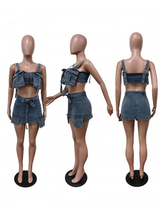 Tie-wrap Cargo Sleeveless Denim Skirt Sets