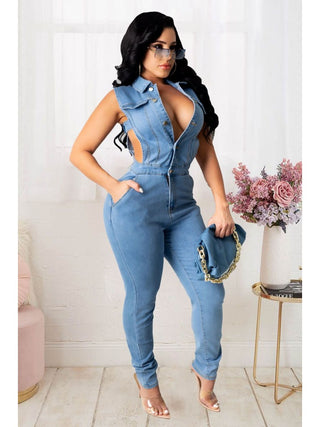 Waist Cut Sleeveless Collar Denim Jumpsuit