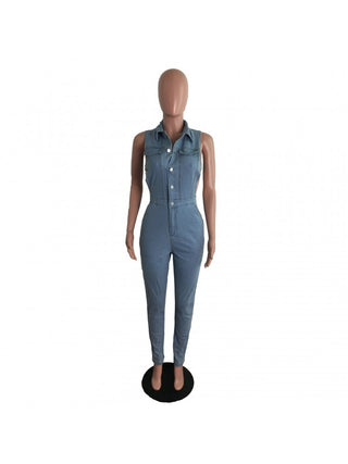 Waist Cut Sleeveless Collar Denim Jumpsuit