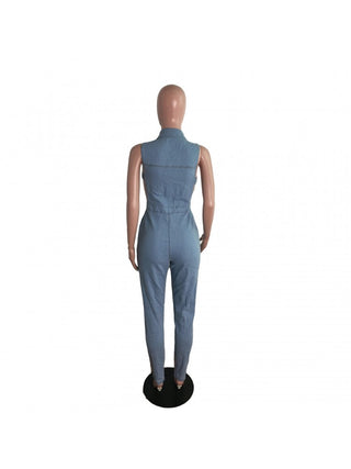 Waist Cut Sleeveless Collar Denim Jumpsuit