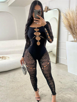 Off Shoulder Embellished Perspective Fitted Jumpsuit