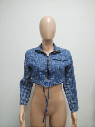 Plaid Patchwork Zipper Cropped Denim Jackets